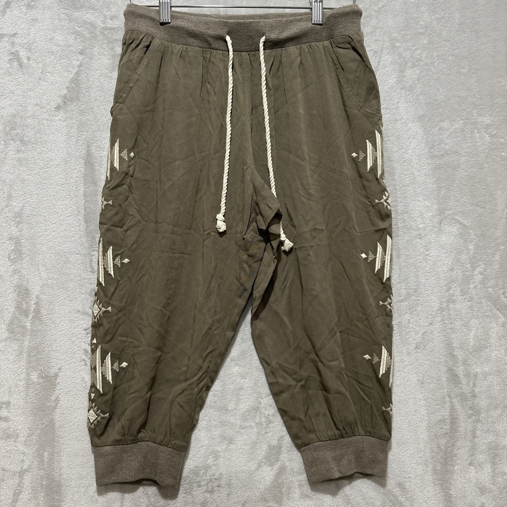 Miss Me Embroidered Crop Pants Women's Size S Green Geometric Drawstring